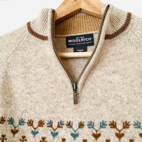 𝅺Woolrich Women’s Lamb’s Wool 1/4 zip Sweater M Raglan Skiing Fair Isle Camel - Picture 8 of 12